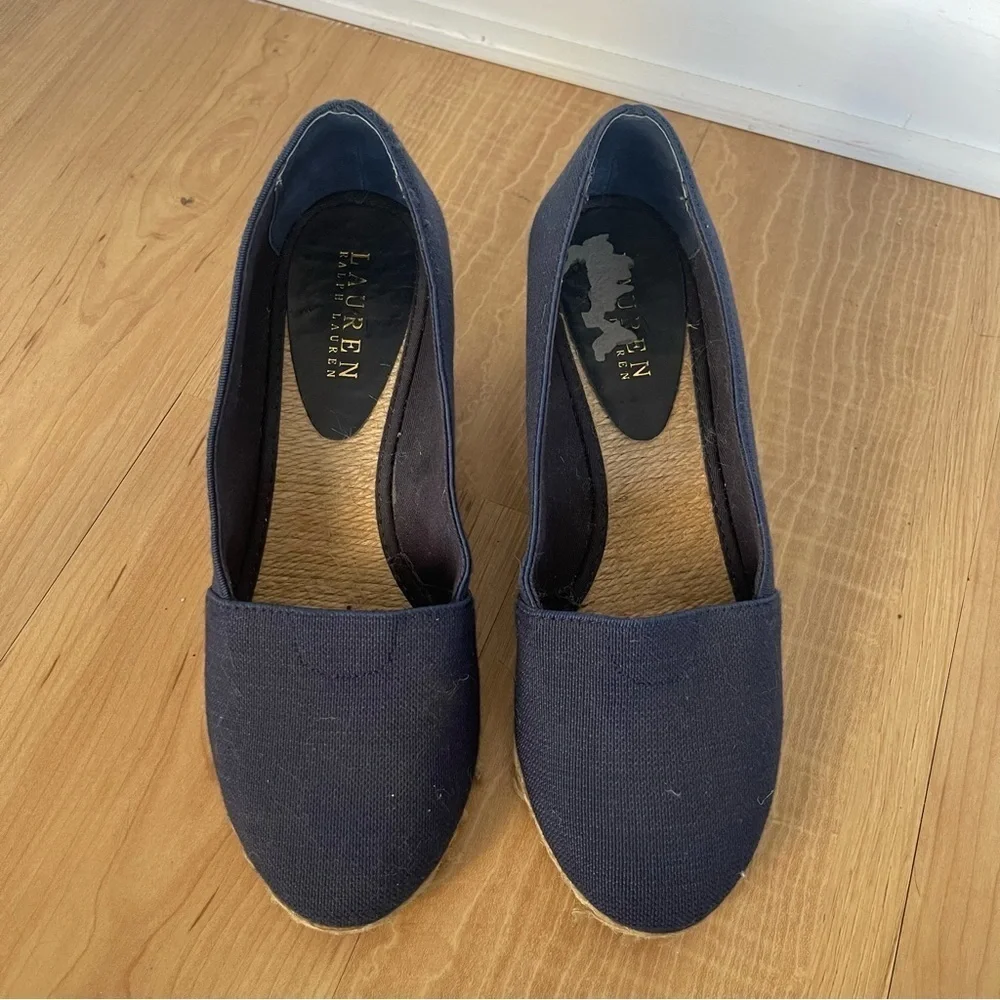 Ralph Lauren LRL Black Cynthia Wedge Espadrilles 7.5 Stretch Twill